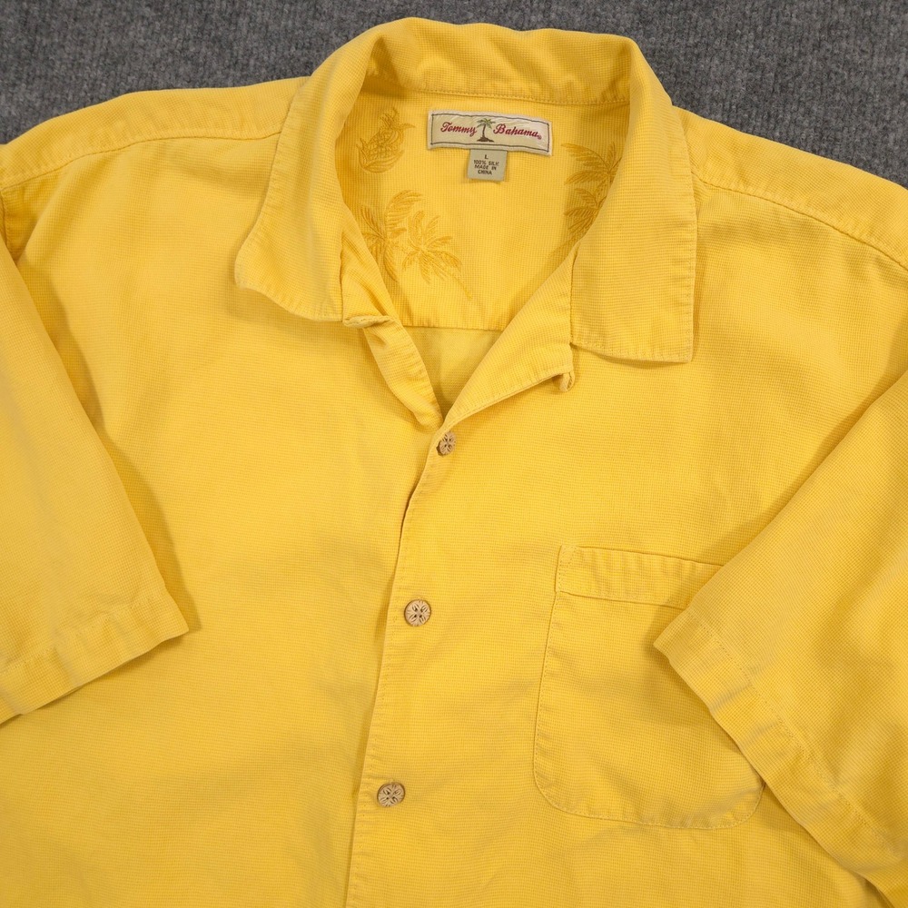 Tommy Bahama Silk Camp Mens Large Yellow Loop Collar Short Sleeve Resort Preppy